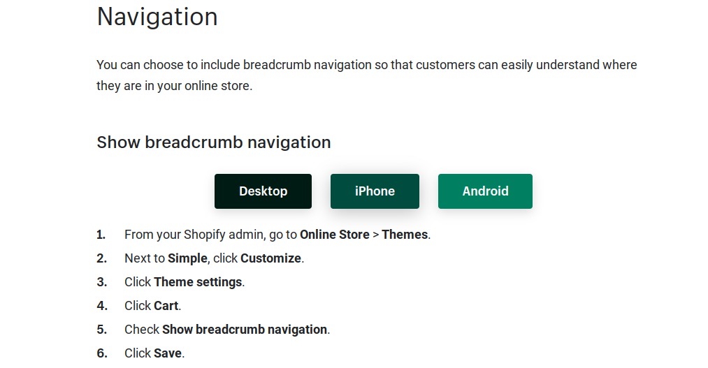 Instruções do Shopify para adicionar breadcrumbs ao site